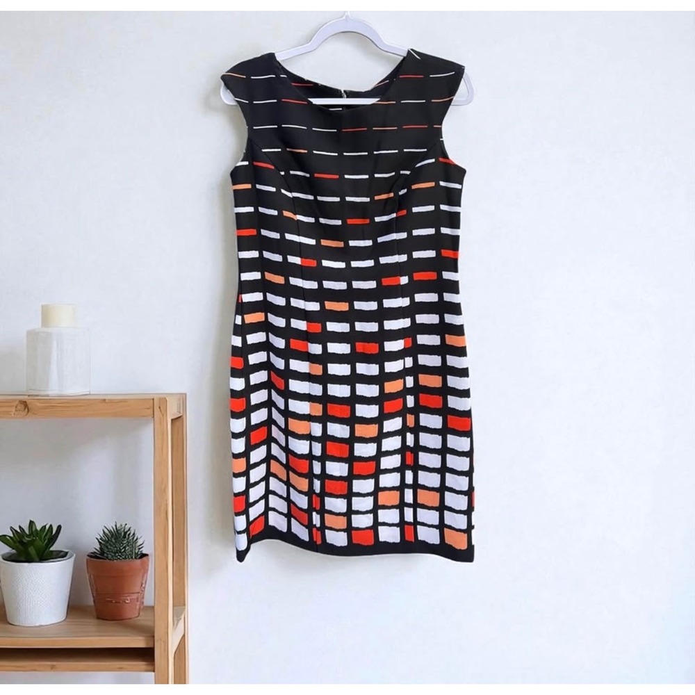 ILE New York Women Black Orange Geometric Block Print Sleeveless Sheath Dress 8